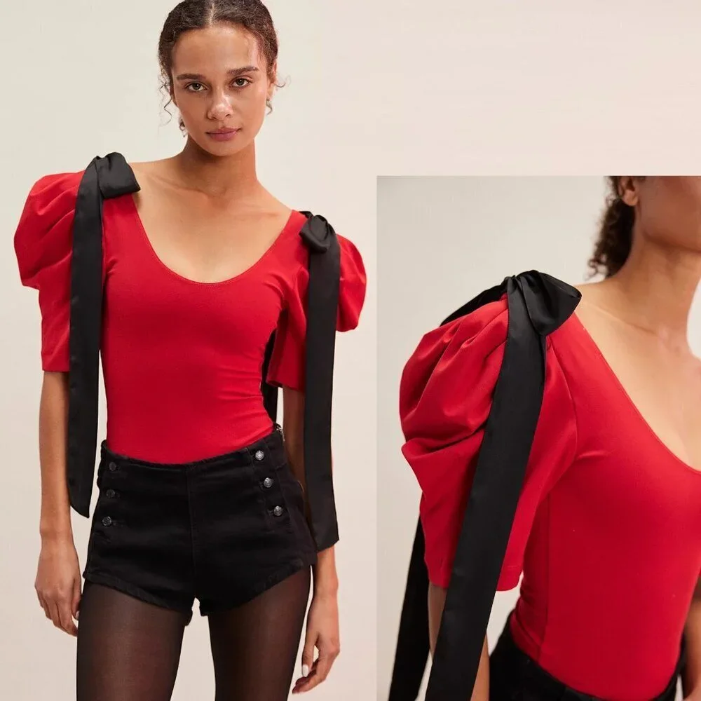 NWT New Free People What A Girl Wants Bodysuit Red Black Ties Bodysuit Size S